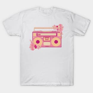 Vintage retro kawaii cassette portable media player radio stereo sticker pink and green with flowers T-Shirt